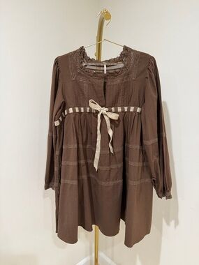 Free People Brown Long Sleeve Empire Tie Dress with Cream Ribbon
